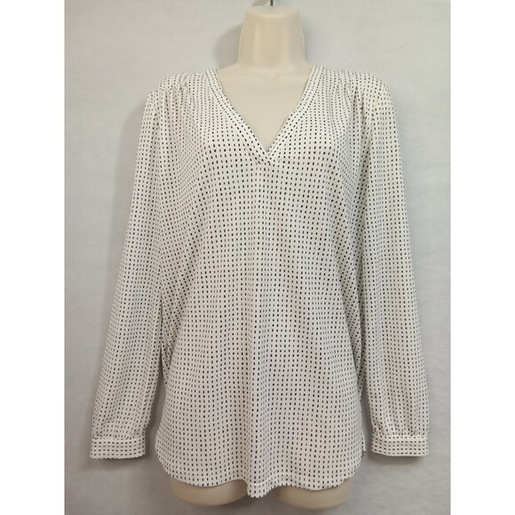 Ann Taylor Factory Medium White Black Long Sleeve Polka Dot V Neck Pleated - Picture 1 of 9